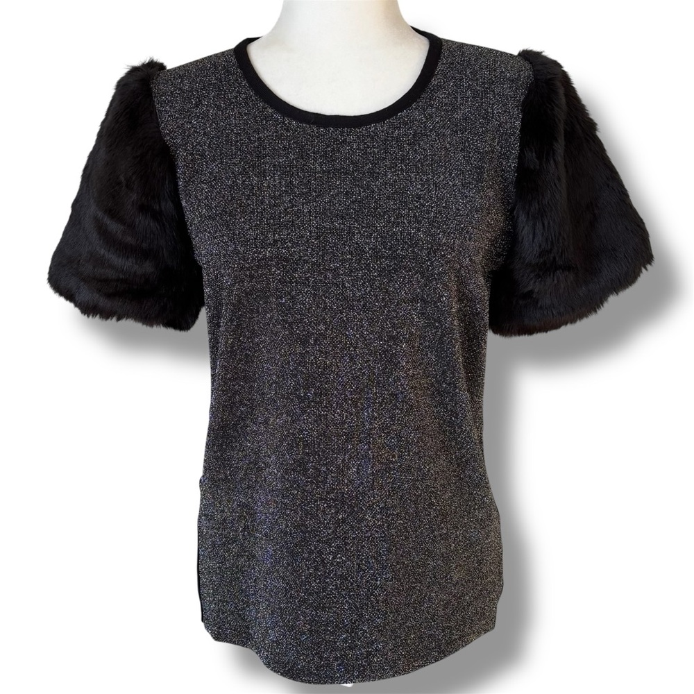 YAL New York Metallic Silver Fur Sleeve Top L